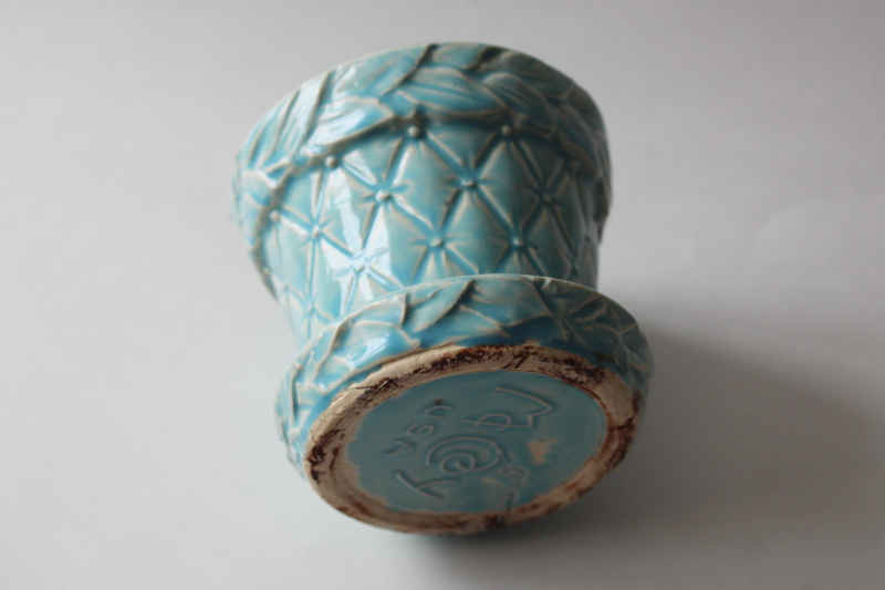 photo of MCM vintage McCoy pottery planter, aqua glaze diamond quilted pattern flower pot  #5