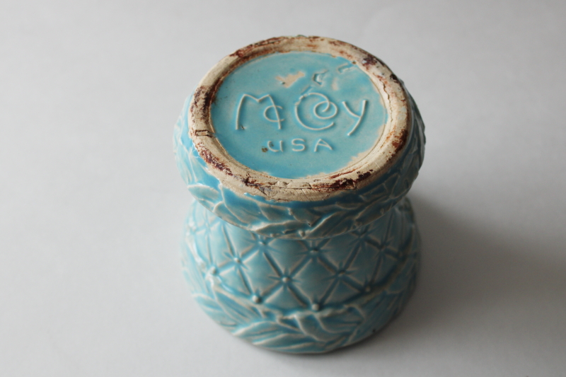 photo of MCM vintage McCoy pottery planter, aqua glaze diamond quilted pattern flower pot  #6