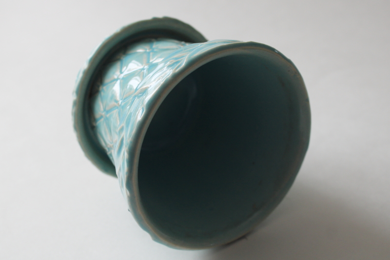 photo of MCM vintage McCoy pottery planter, aqua glaze diamond quilted pattern flower pot  #7