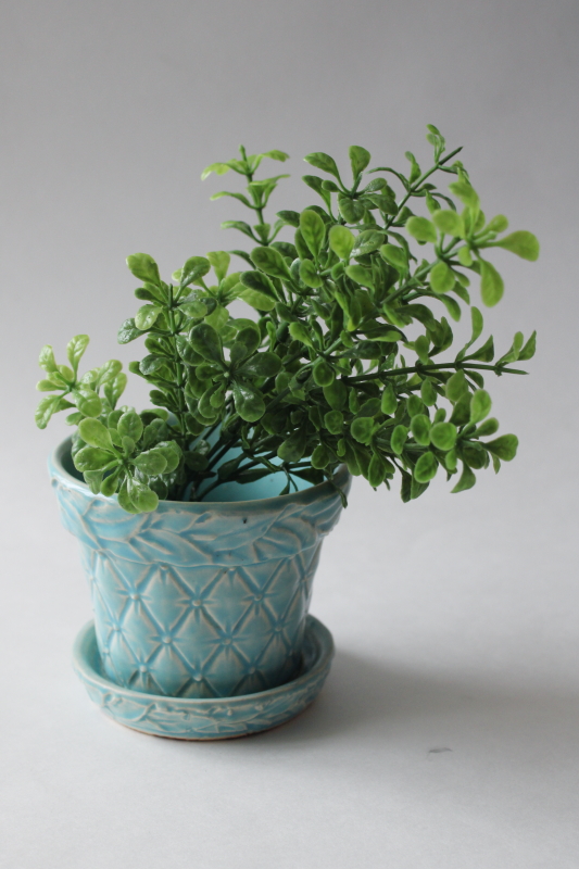 photo of MCM vintage McCoy pottery planter, aqua glaze diamond quilted pattern flower pot  #8