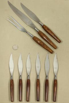 catalog photo of MCM vintage Mode Danish carving & steak knife set, teak wood handles w/ stainless knives