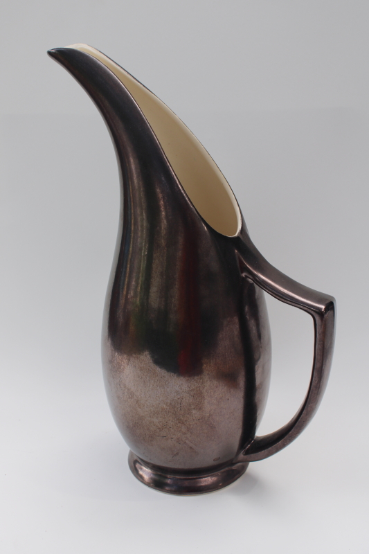 photo of MCM vintage Red Wing pottery tall mod lotus pitcher, metallic bronze color #1