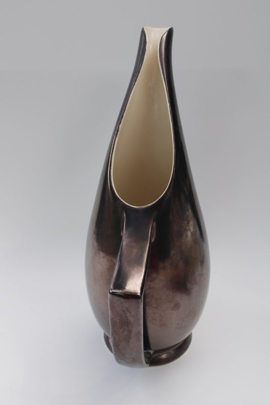 photo of MCM vintage Red Wing pottery tall mod lotus pitcher, metallic bronze color #2
