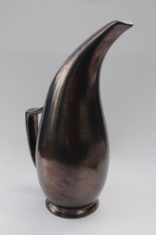 photo of MCM vintage Red Wing pottery tall mod lotus pitcher, metallic bronze color #3