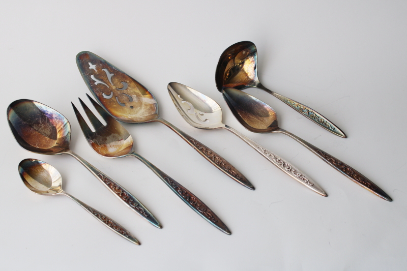 photo of MCM vintage Rogers Esperanto pattern silver plate flatware, serving pieces completer set #1