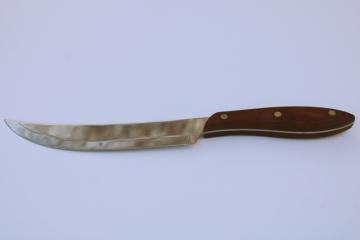 catalog photo of MCM vintage Scimitar kitchen carving knife w/ curved stainless blade, wood handle 