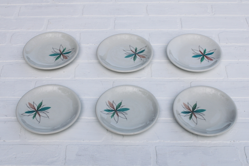 photo of MCM vintage Shenango china atomic flower mod restaurant plates, aqua & mauve pink starburst #1
