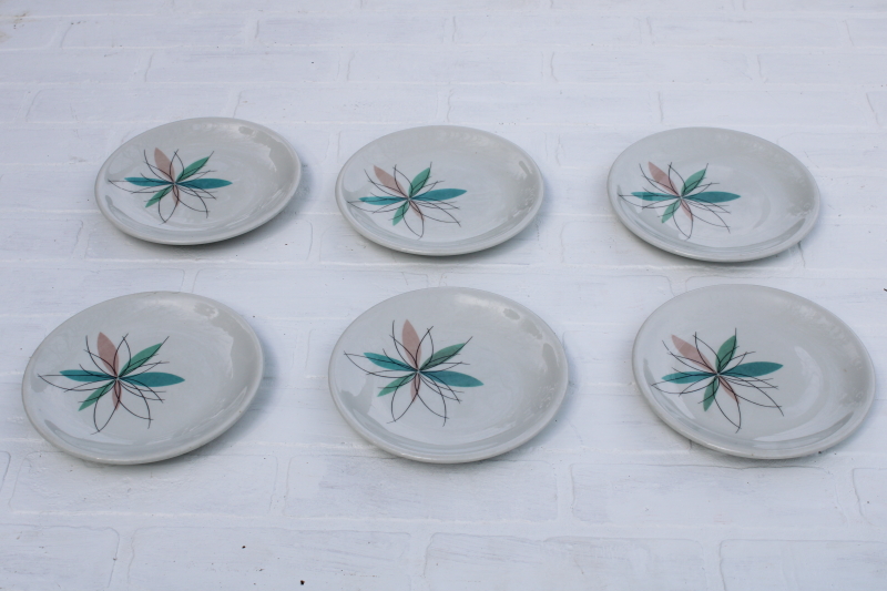 photo of MCM vintage Shenango china atomic flower mod restaurant ware salad plates, aqua & mauve pink starburst #1