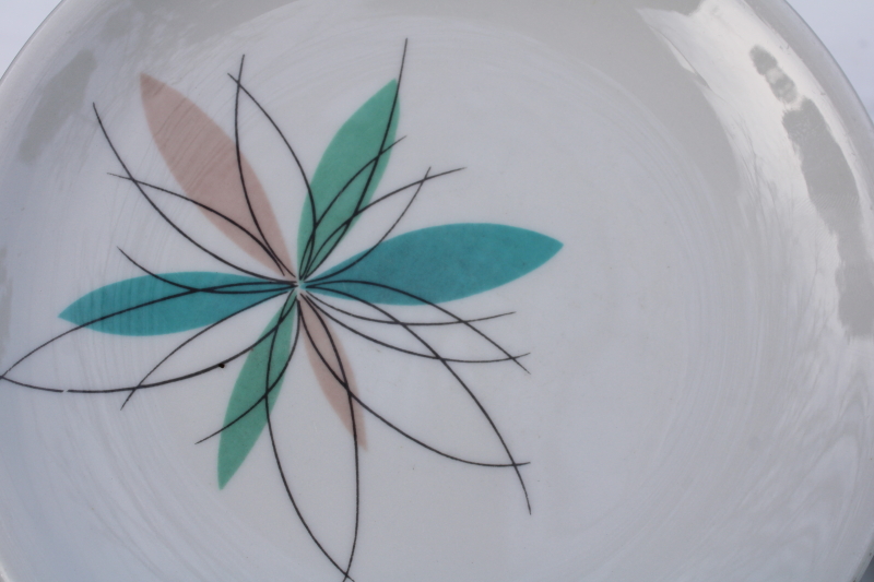 photo of MCM vintage Shenango china atomic flower mod restaurant ware salad plates, aqua & mauve pink starburst  #3
