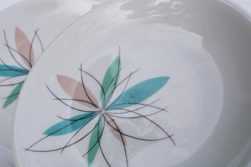 photo of MCM vintage Shenango china atomic flower mod restaurant ware salad plates, aqua & mauve pink starburst  #4