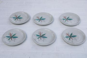 catalog photo of MCM vintage Shenango china atomic flower mod restaurant ware salad plates, aqua & mauve pink starburst 