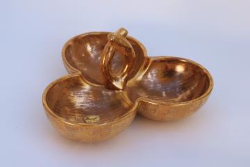 catalog photo of MCM vintage Stangl pottery Grenada Gold brushed matte metallic candy dish or relish tray 