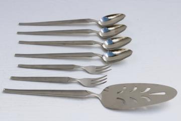 catalog photo of MCM vintage Stanley Roberts Cortina stainless flatware, minimalist cake server, cocktail forks & spoons