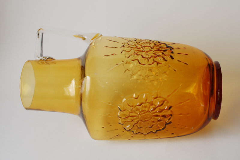 photo of MCM vintage Stelvia Empoli Italy hand blown amber glass pitcher, mod starburst snowflake design  #6