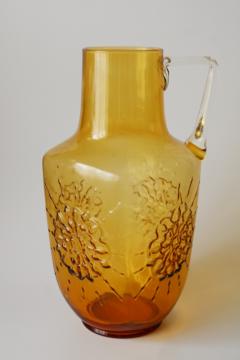 MCM vintage Stelvia Empoli Italy hand blown amber glass pitcher, mod starburst snowflake design 