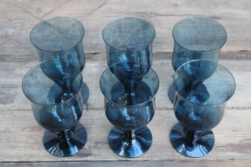photo of MCM vintage Sweden hand blown goblets, Milnor crystal wine glasses deep blue ice Denby glassware  #2