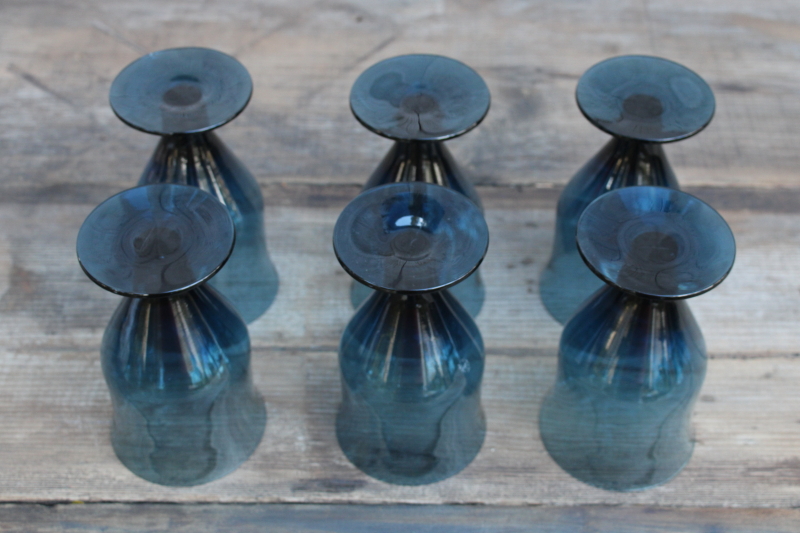 photo of MCM vintage Sweden hand blown goblets, Milnor crystal wine glasses deep blue ice Denby glassware  #3