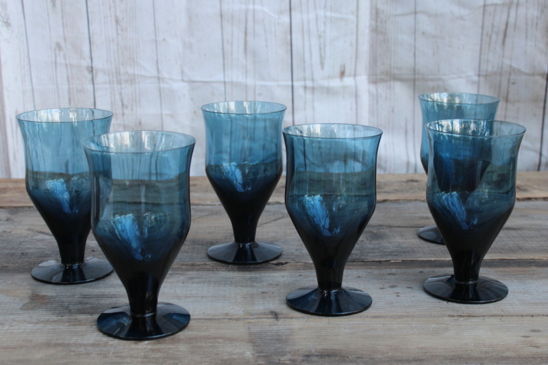 photo of MCM vintage Sweden hand blown goblets, Milnor crystal wine glasses deep blue ice Denby glassware  #5
