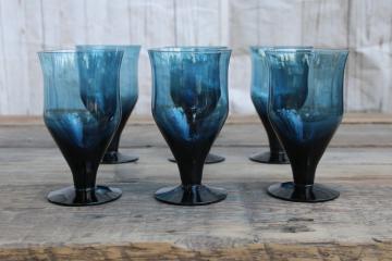 catalog photo of MCM vintage Sweden hand blown goblets, Milnor crystal wine glasses deep blue ice Denby glassware