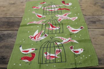 catalog photo of MCM vintage Tammis Keefe art print linen tea towel, birds & birdcages