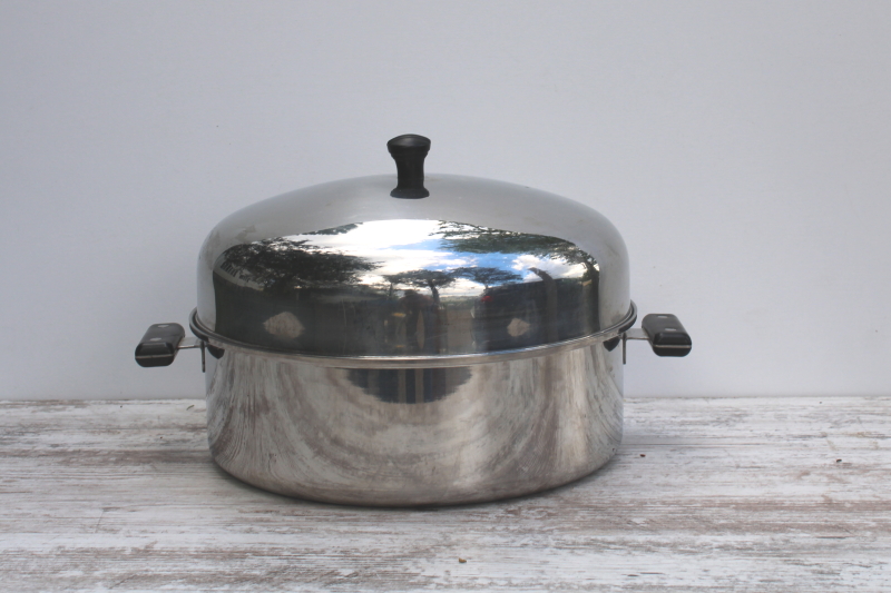 photo of MCM vintage Thermalloy American stainless large round dutch oven or roaster, pan w/ lid  #1