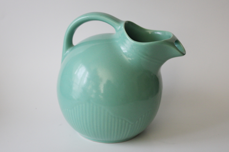 photo of MCM vintage USA pottery ball pitcher, jade green blue glaze, art deco design tilt jug  #1