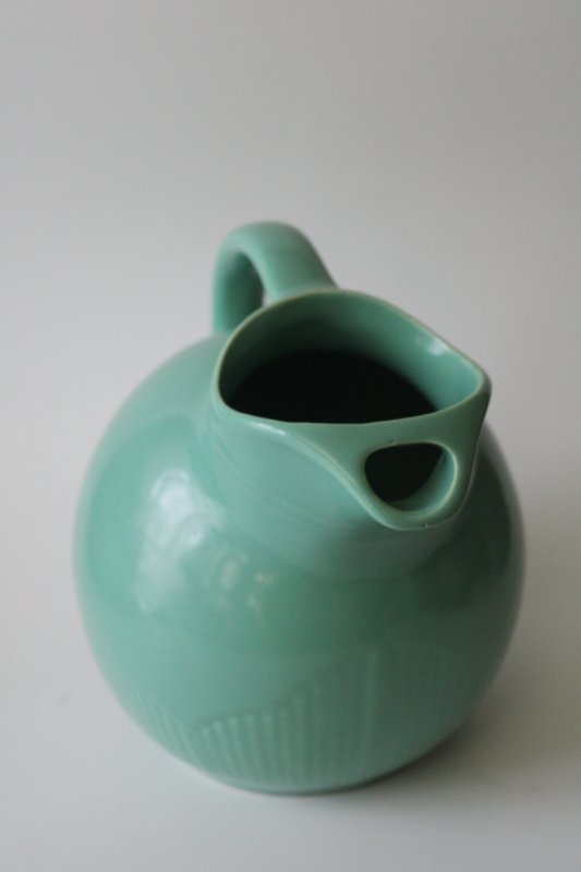 photo of MCM vintage USA pottery ball pitcher, jade green blue glaze, art deco design tilt jug  #2