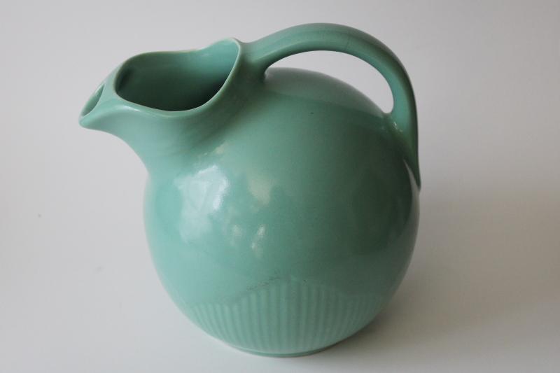 photo of MCM vintage USA pottery ball pitcher, jade green blue glaze, art deco design tilt jug  #3