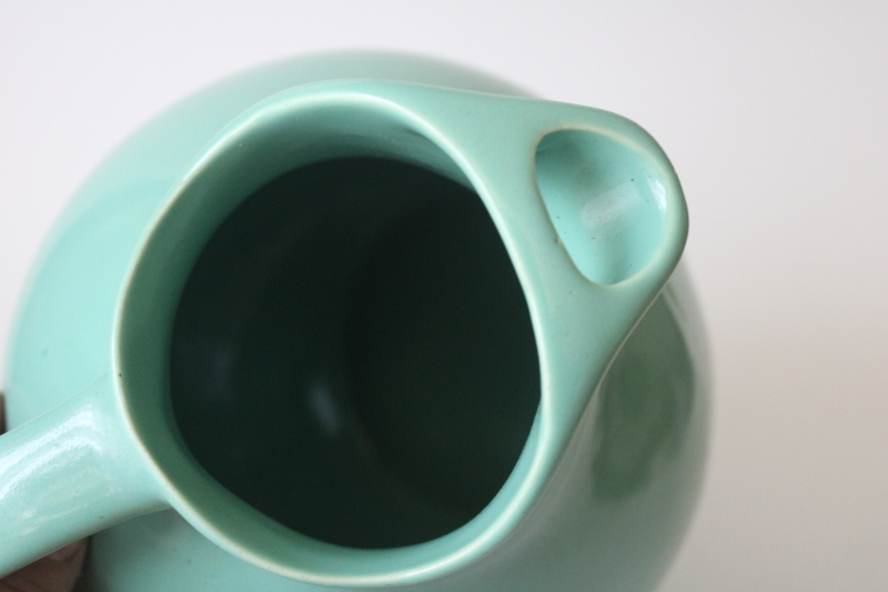 photo of MCM vintage USA pottery ball pitcher, jade green blue glaze, art deco design tilt jug  #4