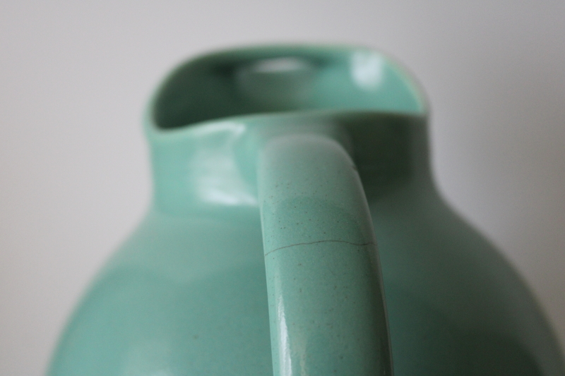 photo of MCM vintage USA pottery ball pitcher, jade green blue glaze, art deco design tilt jug  #5