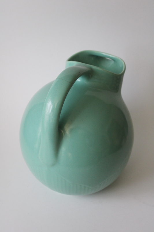 photo of MCM vintage USA pottery ball pitcher, jade green blue glaze, art deco design tilt jug  #6