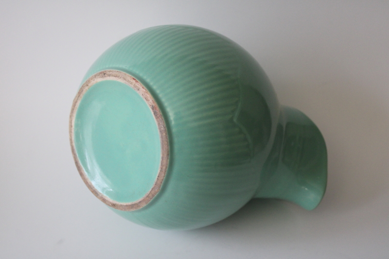 photo of MCM vintage USA pottery ball pitcher, jade green blue glaze, art deco design tilt jug  #7