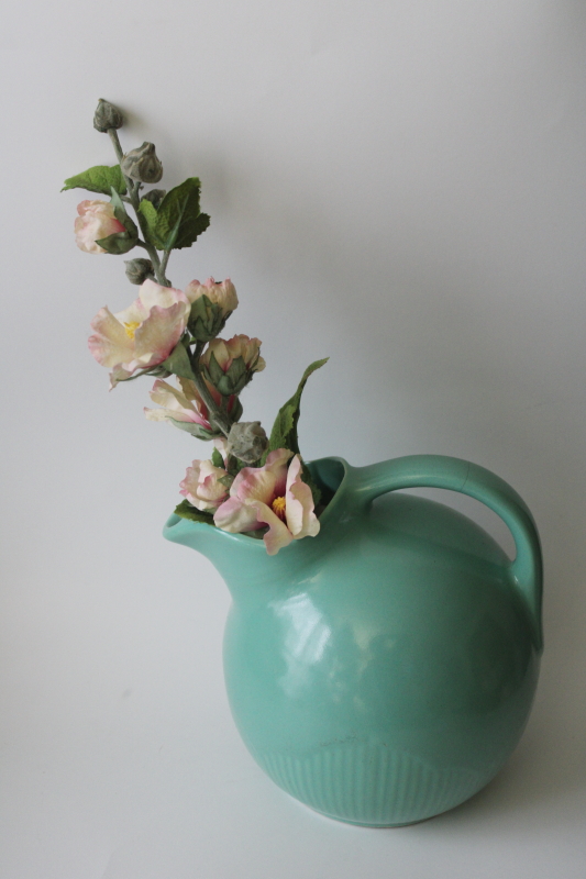 photo of MCM vintage USA pottery ball pitcher, jade green blue glaze, art deco design tilt jug  #8