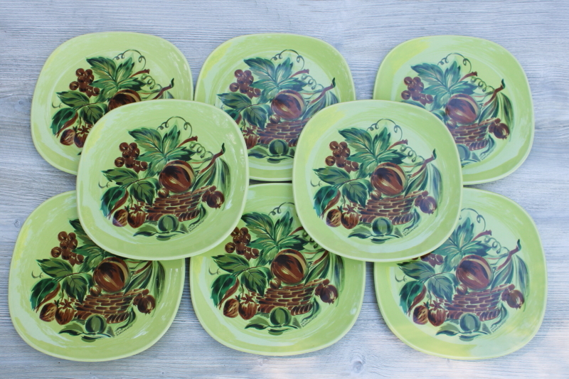 photo of MCM vintage Viktor Schreckengost ceramic dinner plates, Main Street Flair lime green fruit #1