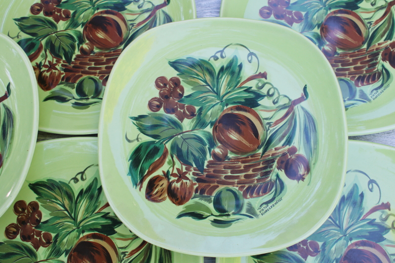 photo of MCM vintage Viktor Schreckengost ceramic dinner plates, Main Street Flair lime green fruit #2