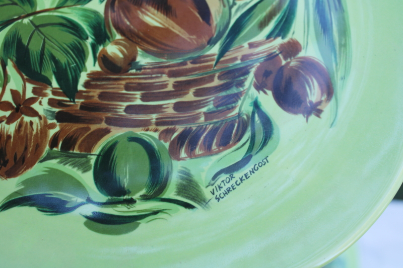 photo of MCM vintage Viktor Schreckengost ceramic dinner plates, Main Street Flair lime green fruit #3