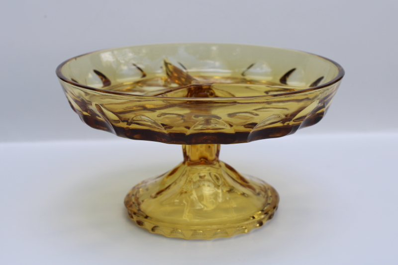 photo of MCM vintage amber glass snack tray, relish plate or candy dish pedestal stand #1