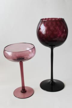 catalog photo of MCM vintage amethyst purple glass, huge hand blown glass goblets, candle holders 