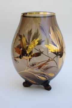 MCM vintage art glass, hand blown smoke brown glass vase w/ gold leaf design