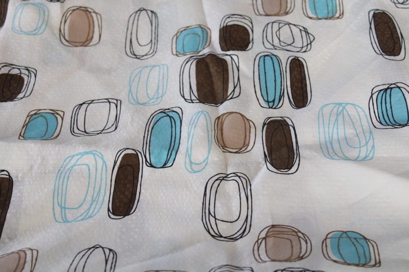 photo of MCM vintage barkcloth texture fabric curtains w/ mod brown blue abstract print, fiberglass look nylon #1