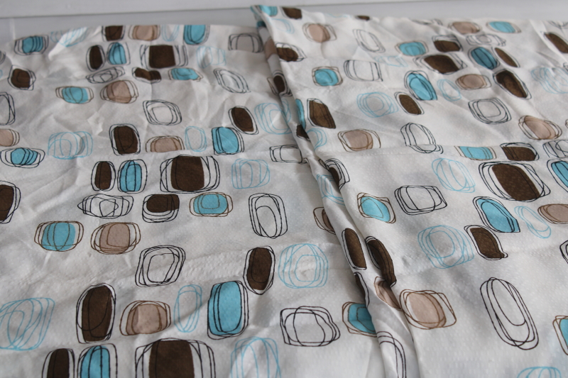 photo of MCM vintage barkcloth texture fabric curtains w/ mod brown blue abstract print, fiberglass look nylon #2