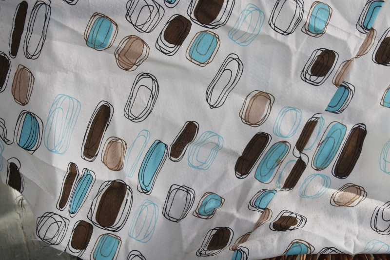 photo of MCM vintage barkcloth texture fabric curtains w/ mod brown blue abstract print, fiberglass look nylon #3