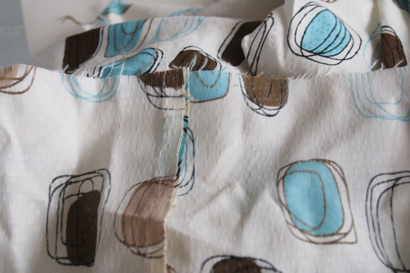 photo of MCM vintage barkcloth texture fabric curtains w/ mod brown blue abstract print, fiberglass look nylon #4