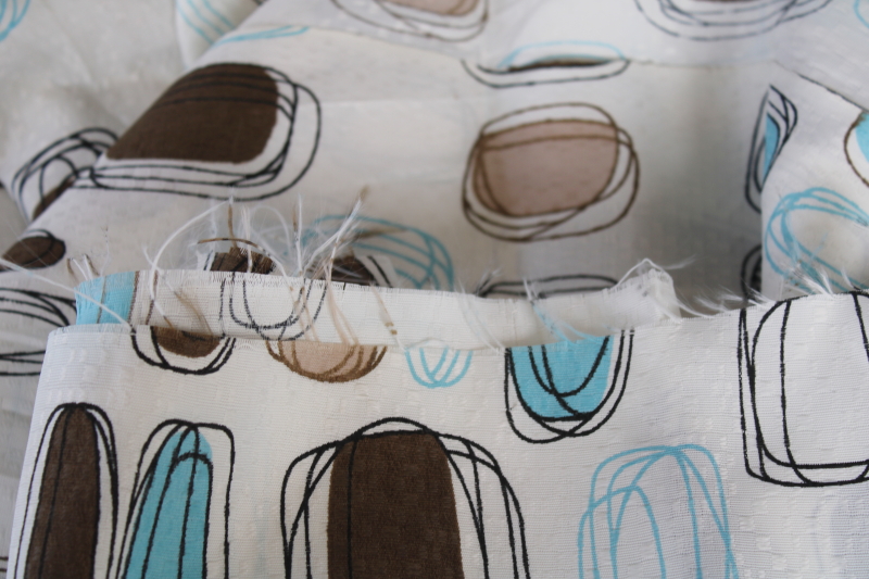 photo of MCM vintage barkcloth texture fabric curtains w/ mod brown blue abstract print, fiberglass look nylon #7