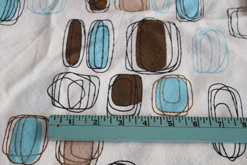 photo of MCM vintage barkcloth texture fabric curtains w/ mod brown blue abstract print, fiberglass look nylon #8