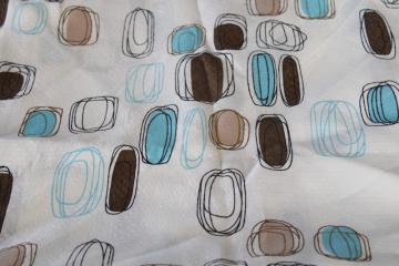 catalog photo of MCM vintage barkcloth texture fabric curtains w/ mod brown blue abstract print, fiberglass look nylon