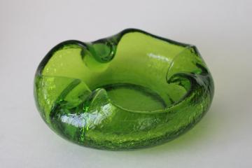 catalog photo of MCM vintage big heavy green glass ashtray, Viking crackle glass pinch shape ashtray 