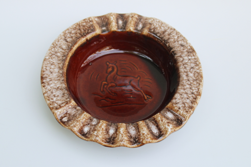 photo of MCM vintage big mod ceramic ashtray, Hull pottery horse w/ brown drip glaze 50s dude ranch den decor  #1