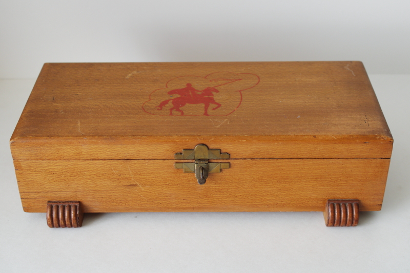 photo of MCM vintage blonde wood dresser box, knight on horseback keepsake chest, men's jewelry box  #1