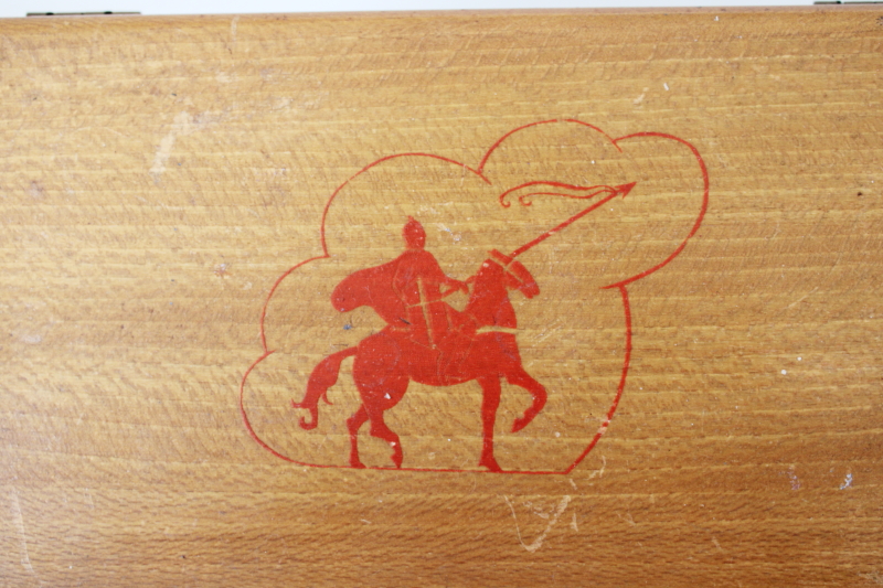 photo of MCM vintage blonde wood dresser box, knight on horseback keepsake chest, men's jewelry box #2